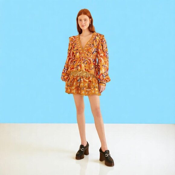 Farm Rio Yellow Palms Party Smocked Mini Skirt Size Small - Picture 6 of 16